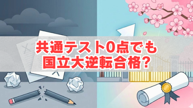 共通テスト0点でも国立大に逆転合格できる？と書かれた受験イメージのアイキャッチ（割れた鉛筆と合格証書）