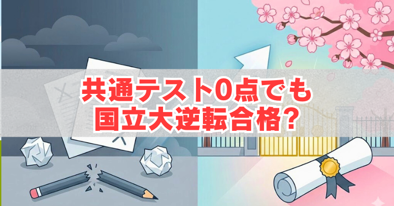 共通テスト0点でも国立大に逆転合格できる?と書かれた受験イメージのアイキャッチ(割れた鉛筆と合格証書)