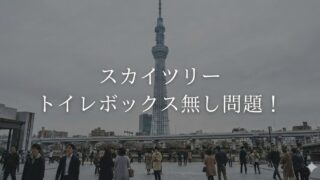 東京スカイツリーを背景に、広場を歩く人々と「スカイツリー トイレボックス無し問題！」という白文字テロップが重なる写真。
