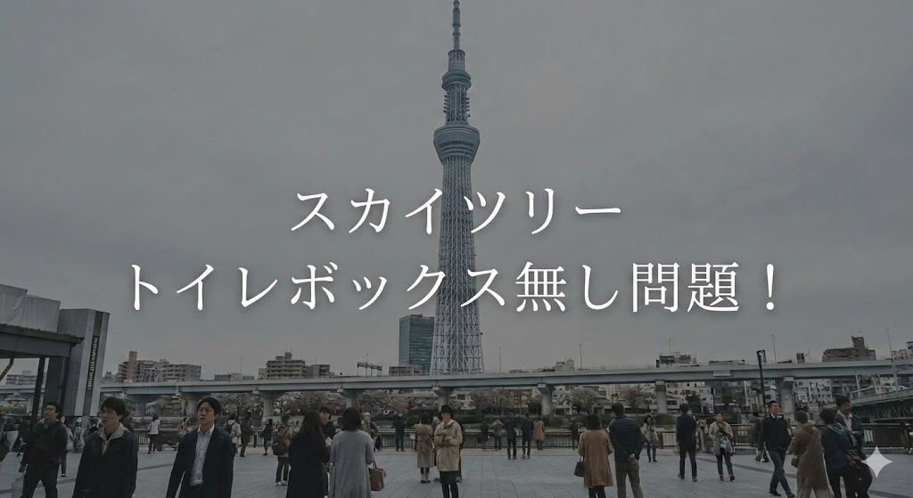 東京スカイツリーを背景に、広場を歩く人々と「スカイツリー トイレボックス無し問題!」という白文字テロップが重なる写真。