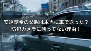 街中を走る車と防犯カメラのイメージを背景に、白い大きな文字で「安達結希の父親は本当に車で送った？ 防犯カメラに映ってない理由！」と表示したアイキャッチ画像。