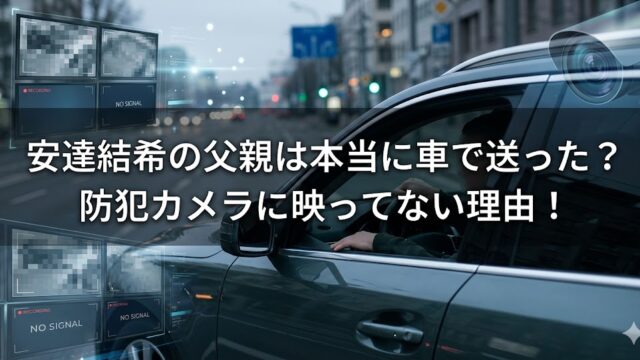 街中を走る車と防犯カメラのイメージを背景に、白い大きな文字で「安達結希の父親は本当に車で送った？ 防犯カメラに映ってない理由！」と表示したアイキャッチ画像。