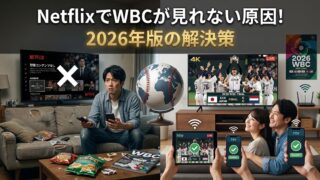 NetflixではWBCが配信されず視聴できないケースと、スマホやテレビの別アプリでWBC中継を見られる方法を示した解説用画像