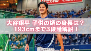 野球場で笑顔を見せるプロ野球スターの写真に「大谷翔平 子供の頃の身長は？193cmまで3段階解説！」と書かれたブログ記事のアイキャッチ画像