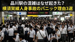 品川駅のコンコースで横須賀線運転見合わせの影響により通勤客が集中し、案内板周辺が人であふれている混雑状況