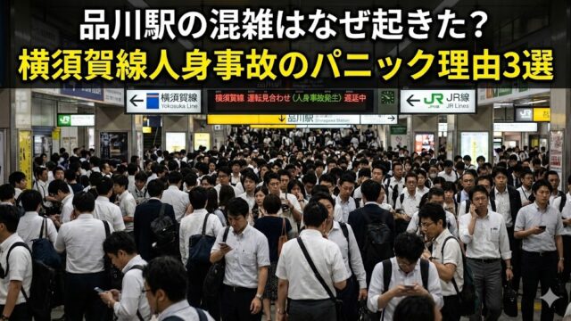 品川駅のコンコースで横須賀線運転見合わせの影響により通勤客が集中し、案内板周辺が人であふれている混雑状況