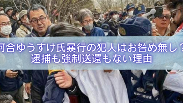 群衆と警察官が入り乱れる現場写真の上に、「河合ゆうすけ氏暴行の犯人はお咎め無し？逮捕も強制送還もない理由」と大きく表示されたアイキャッチ画像