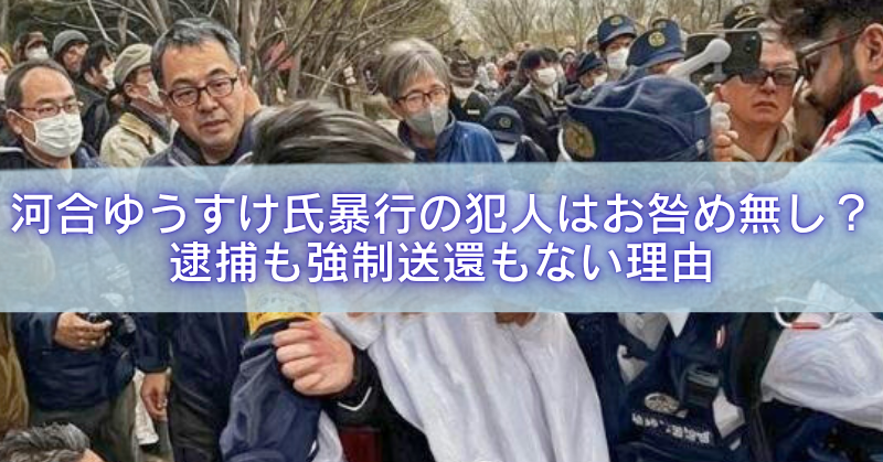 群衆と警察官が入り乱れる現場写真の上に、「河合ゆうすけ氏暴行の犯人はお咎め無し？逮捕も強制送還もない理由」と大きく表示されたアイキャッチ画像