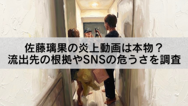 白い壁の狭い廊下で男女が向かい合っている様子のイラストの上に、「佐藤璃果の炎上動画は本物？流出先の根拠やSNSの危うさを調査」という大きなテキストが重ねられているバナー画像。