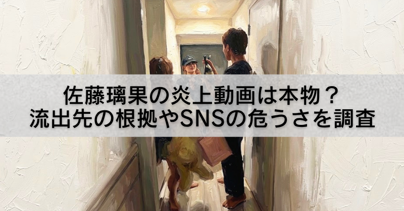 白い壁の狭い廊下で男女が向かい合っている様子のイラストの上に、「佐藤璃果の炎上動画は本物?流出先の根拠やSNSの危うさを調査」という大きなテキストが重ねられているバナー画像。