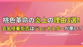 炎のエフェクトが入ったピンク系の背景に、「桃色革命の炎上の理由3選！芸名搭乗拒否はジェットスターが悪い？」と大きく強調されたテキストが配置されたサムネイル画像。