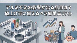 アルミ不足による値上げ対象の備蓄品を解説する画像。アルミホイル、缶、鍋、フライパン、スプレー缶などのアルミ製品と、買いだめや価格上昇を示すイラストを配置。