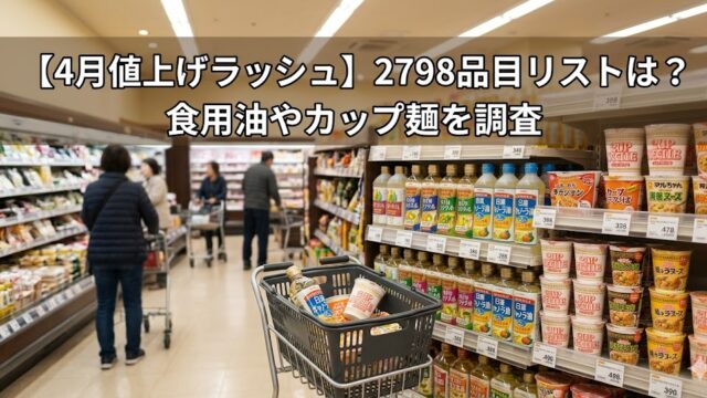 スーパーの食品売り場で買い物客が並ぶ中、カートにカップ麺や食用油が入っている様子と「4月値上げラッシュ2798品目リスト」についてのテロップが表示された画像
