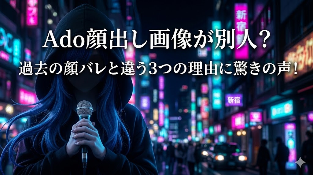 新宿のネオンが光る夜景を背景に、フード姿の人物がマイクを握る。文字「Ado顔出し画像が別人?過去の顔バレと違う3つの理由に驚きの声!」