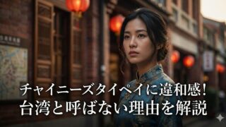 「チャイニーズタイペイ」表記への違和感と「台湾」と呼ばない背景を解説する記事のアイキャッチ。提灯のある中華風の通りと女性のポートレート