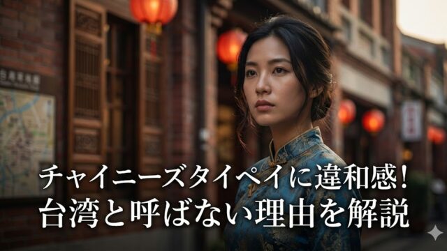 「チャイニーズタイペイ」表記への違和感と「台湾」と呼ばない背景を解説する記事のアイキャッチ。提灯のある中華風の通りと女性のポートレート