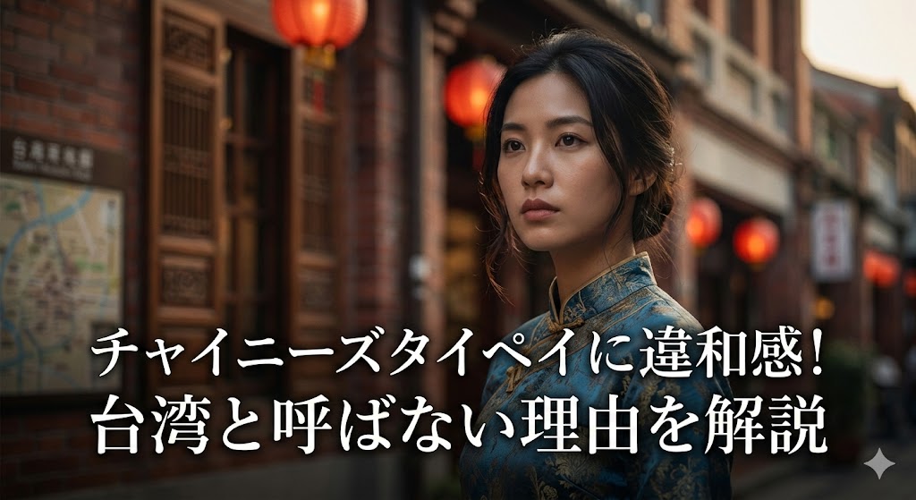 「チャイニーズタイペイ」表記への違和感と「台湾」と呼ばない背景を解説する記事のアイキャッチ。提灯のある中華風の通りと女性のポートレート