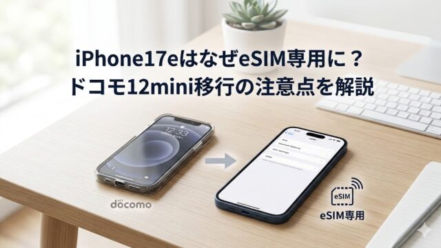 iPhone17eのeSIM専用化と、ドコモ利用者がiPhone 12 miniから移行する際の注意点を示す、eSIM設定画面のイメージ