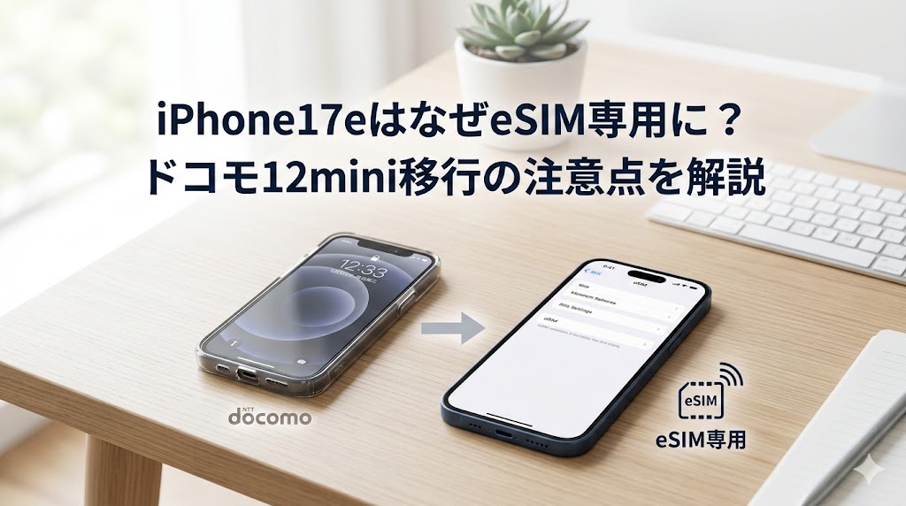 iPhone17eのeSIM専用化と、ドコモ利用者がiPhone 12 miniから移行する際の注意点を示す、eSIM設定画面のイメージ