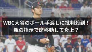 WBC会場で侍ジャパン姿の大谷翔平を背景に、「ボール手渡しに批判殺到」「親の指示で席移動して炎上？」と表示されたブログ用アイキャッチ画像