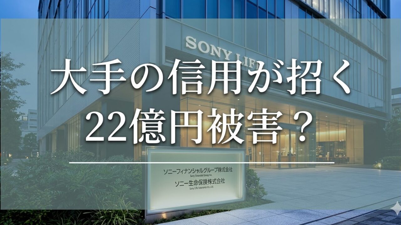 ソニー生命保険のオフィスビル外観を背景に、「大手の信用が招く 22億円被害？」という大きな白文字を重ねたアイキャッチ画像。下部にはソニーフィナンシャルグループ株式会社・ソニー生命保険株式会社の看板が写っている。
