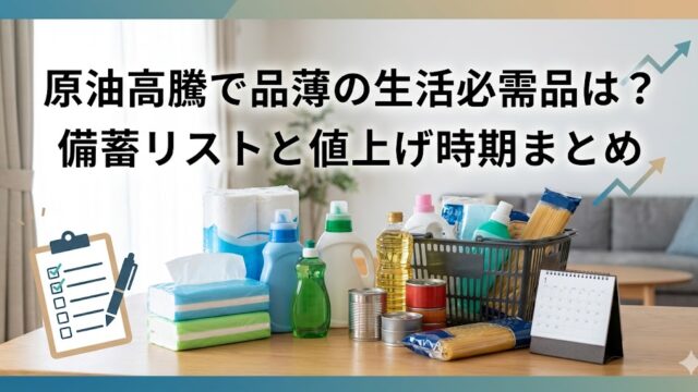 「原油高騰で品薄の生活必需品は？備蓄リストと値上げ時期まとめ」という大きな文字が入ったバナー画像。テーブルの上にトイレットペーパー、ティッシュ、洗剤、食用油、缶詰、パスタ、日用品の入ったカゴ、卓上カレンダーが並び、左下にチェックリストのイラスト、右上に上昇を示す矢印が描かれている。