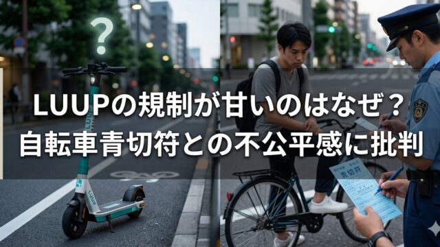 「LUUPの規制が甘いのはなぜ？自転車青切符との不公平感に批判」という文字が大きく入った比較バナー画像。左側には街中の道路に停まる電動キックボードと、その上に疑問符のマーク。右側には自転車に乗った男性が警察官から青切符を受けている様子が描かれ、LUUPと自転車の規制の違いを対比する構図になっている。