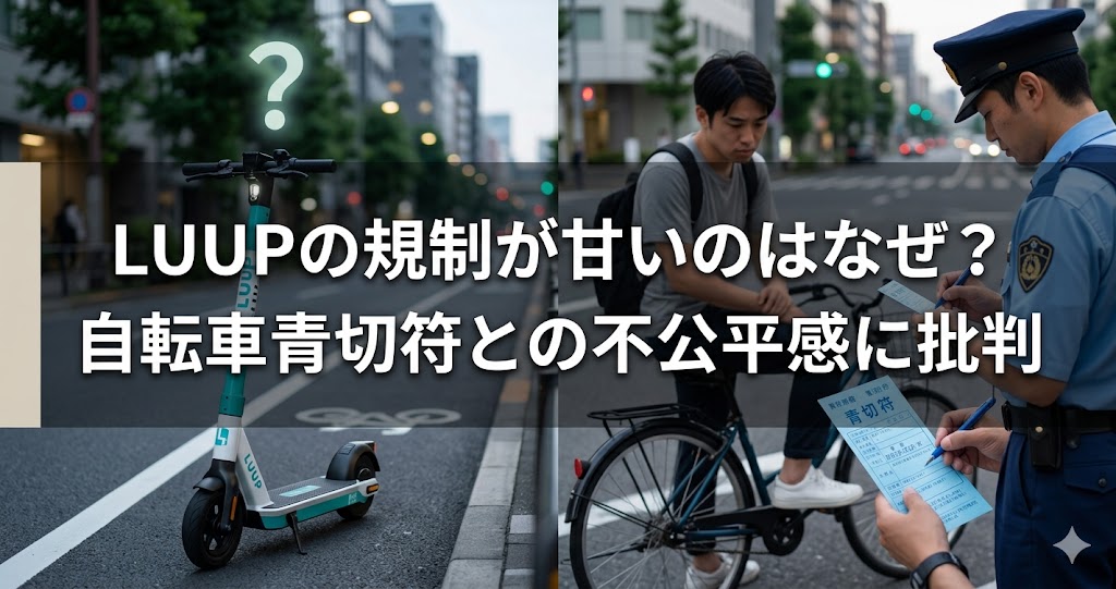 「LUUPの規制が甘いのはなぜ？自転車青切符との不公平感に批判」という文字が大きく入った比較バナー画像。左側には街中の道路に停まる電動キックボードと、その上に疑問符のマーク。右側には自転車に乗った男性が警察官から青切符を受けている様子が描かれ、LUUPと自転車の規制の違いを対比する構図になっている。