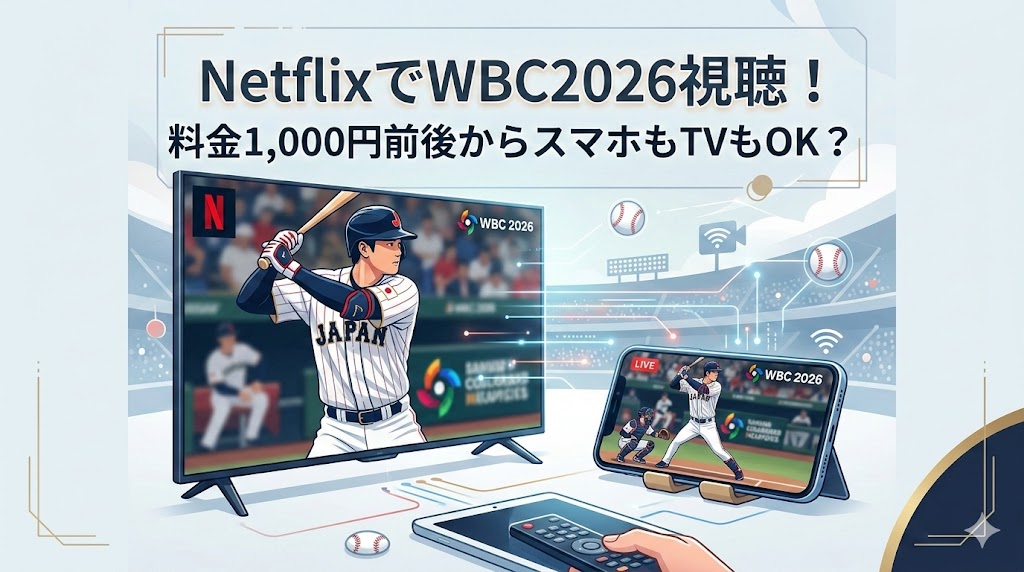 「NetflixでWBC2026視聴！料金1,000円前後からスマホもTVもOK？」の文字が載った、TVとスマホで観戦する図解画像