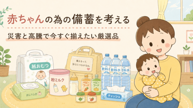 赤ちゃんの防災備蓄をテーマに、紙おむつ・粉ミルク・ベビーフード・飲料水・おしりふき・ティッシュなどの備蓄品と、赤ちゃんを抱く母親を描いたやさしい雰囲気のイラスト画像。