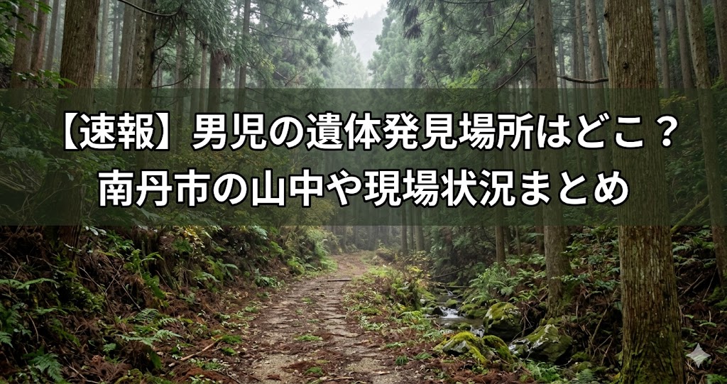 霧がかった杉林の山道を背景に、中央の半透明の黒帯に白い大きな文字で「【速報】 男児の遺体発見場所はどこ？ 南丹市の山中や現場状況まとめ」と2行で配置したニュース風バナー画像。
