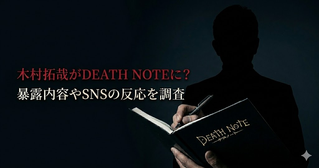 暗い青黒の背景の中、黒いシルエットの人物がノートにペンを走らせている。手前には「DEATH NOTE」と書かれた黒い本が大きく写り、左側に「木村拓哉がDEATH NOTEに？ 暴露内容やSNSの反応を調査」という文字が配置されたミステリアスなアイキャッチ画像。