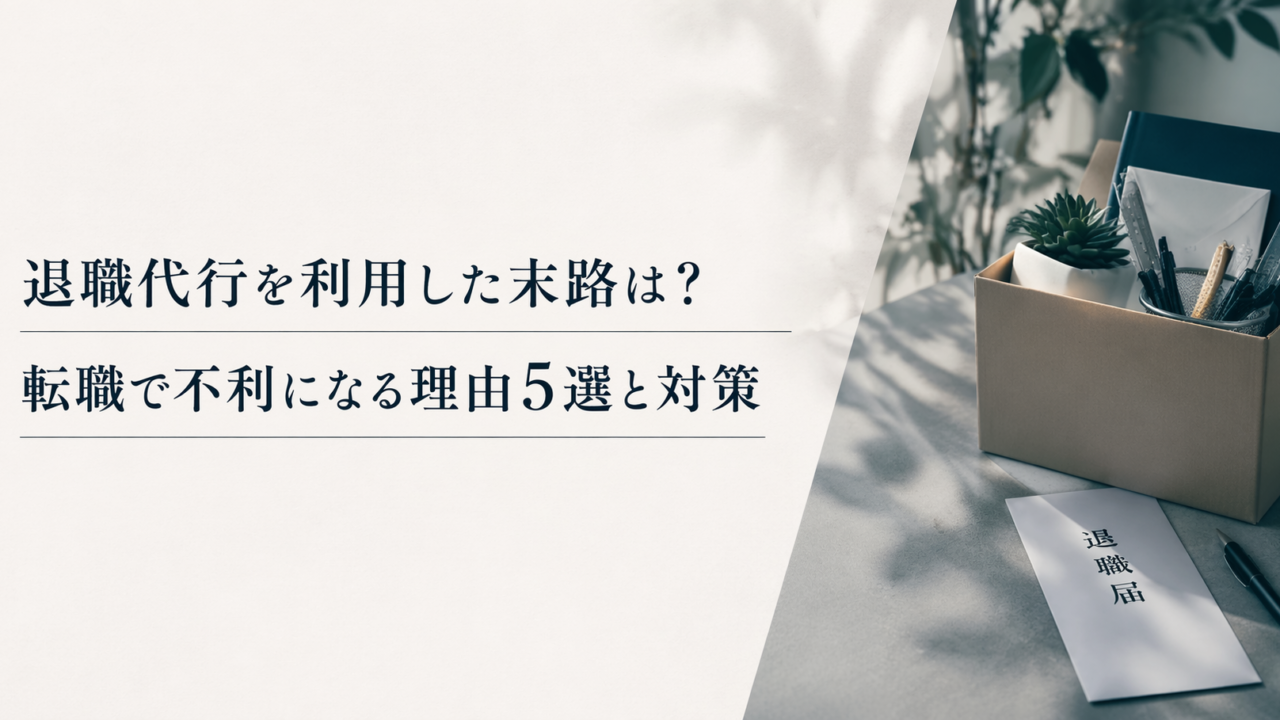 退職代行の利用をテーマにしたブログ用アイキャッチ画像。左側の白い余白に「退職代行を利用した末路は？」「転職で不利になる理由5選と対策」という2行の濃紺の大きな文字が配置され、各行の下に細い横線が引かれている。右側には、書類や文房具、小さな観葉植物を入れた段ボール箱と、机の上に置かれた「退職届」と書かれた封筒、ペンが写っており、やわらかな自然光と影が落ちる落ち着いた構図。