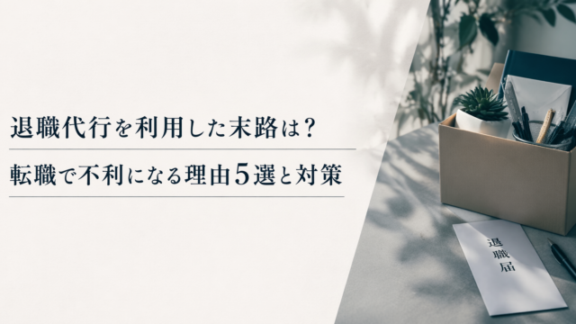 退職代行の利用をテーマにしたブログ用アイキャッチ画像。左側の白い余白に「退職代行を利用した末路は？」「転職で不利になる理由5選と対策」という2行の濃紺の大きな文字が配置され、各行の下に細い横線が引かれている。右側には、書類や文房具、小さな観葉植物を入れた段ボール箱と、机の上に置かれた「退職届」と書かれた封筒、ペンが写っており、やわらかな自然光と影が落ちる落ち着いた構図。