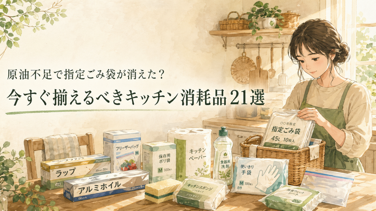 原油不足による指定ごみ袋不足に備え、キッチン消耗品を整理する女性のブログ用アイキャッチ画像