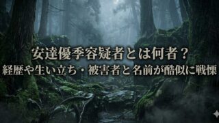 霧が立ちこめる薄暗い森を背景にした不穏な雰囲気のブログ用アイキャッチ画像。中央に大きく「安達優季容疑者とは何者？ 経歴や生い立ち・被害者と名前が酷似に戦慄」という文字が配置されている。