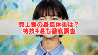 女性の上半身を描いたやわらかなタッチのイラストの中央に白い帯が入り、赤字で「見上愛の身長体重は？特技4選も徹底調査」と書かれたアイキャッチ画像。