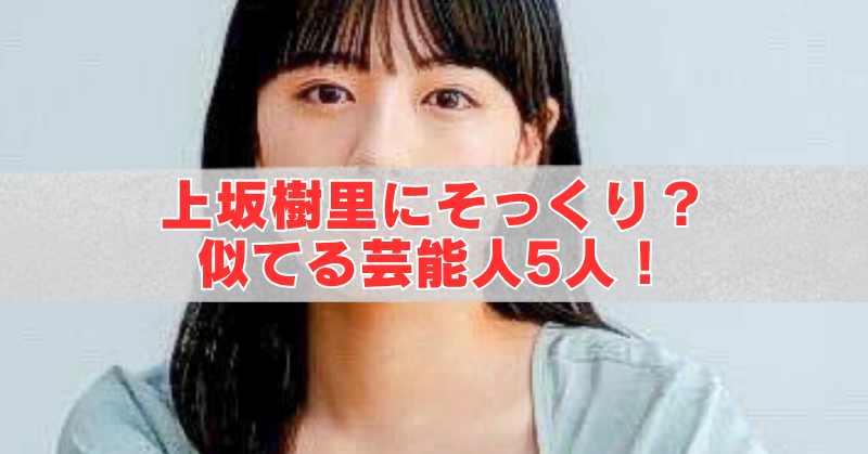 黒髪の女性の上半身を使った横長バナー画像。中央に半透明の白い帯が重なり、赤い大きな文字で「上坂樹里にそっくり? 似てる芸能人5人!」と書かれている。