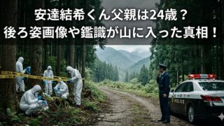 山中の林道を規制線で封鎖し、防護服姿の複数人が現場検証を行う様子を背景に、「安達結希くん父親は24歳？ 後ろ姿画像や鑑識が山に入った真相！」と大きな白文字で載せたアイキャッチ画像。