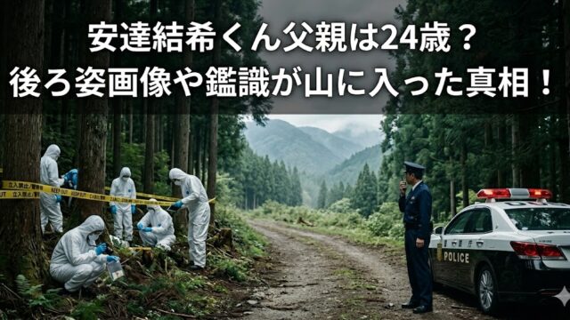 山中の林道を規制線で封鎖し、防護服姿の複数人が現場検証を行う様子を背景に、「安達結希くん父親は24歳？ 後ろ姿画像や鑑識が山に入った真相！」と大きな白文字で載せたアイキャッチ画像。