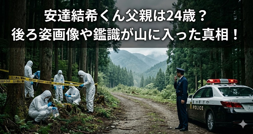 山中の林道を規制線で封鎖し、防護服姿の複数人が現場検証を行う様子を背景に、「安達結希くん父親は24歳？ 後ろ姿画像や鑑識が山に入った真相！」と大きな白文字で載せたアイキャッチ画像。