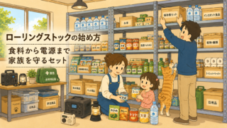 ローリングストックの始め方を紹介するブログ用アイキャッチ画像。家族が備蓄棚に水、缶詰、保存食、日用品、防災用品、ポータブル電源、ランタンなどを整理し、茶トラ猫も一緒に見守っている温かいアニメ風イラスト。