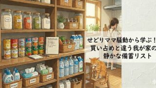 家庭の備蓄棚で食品や水、日用品を整理する女性と茶トラ猫を描いた、買い占めではない静かな備蓄リストを紹介するブログ用アイキャッチ画像。