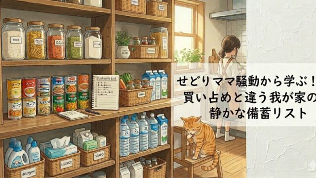 家庭の備蓄棚で食品や水、日用品を整理する女性と茶トラ猫を描いた、買い占めではない静かな備蓄リストを紹介するブログ用アイキャッチ画像。