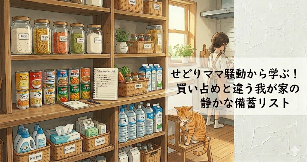 家庭の備蓄棚で食品や水、日用品を整理する女性と茶トラ猫を描いた、買い占めではない静かな備蓄リストを紹介するブログ用アイキャッチ画像。
