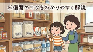 米やパックご飯、水などの備蓄品が並ぶ棚の前で、親子が米備蓄のコツを学んでいるアニメ風アイキャッチ画像。無洗米・冬眠米・パックご飯などの保存食品がわかりやすく描かれている。