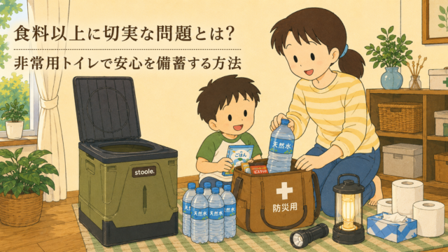 備蓄品を確認する親子と非常用トイレを描いた防災イメージ。室内にポータブルトイレ、水、食品、防災バッグ、ランタン、トイレットペーパーを並べ、「食料以上に切実な問題とは？非常用トイレで安心を備蓄する方法」という文字が入っている。