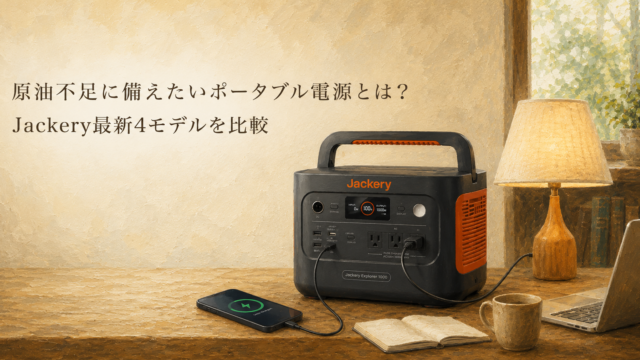 Jackeryポータブル電源1000を使い、卓上ランプとスマートフォンを充電している油絵調のアイキャッチ画像。原油不足や停電への備えとして家庭で使えるポータブル電源を紹介し、Jackery最新モデル比較記事の内容を表現している。