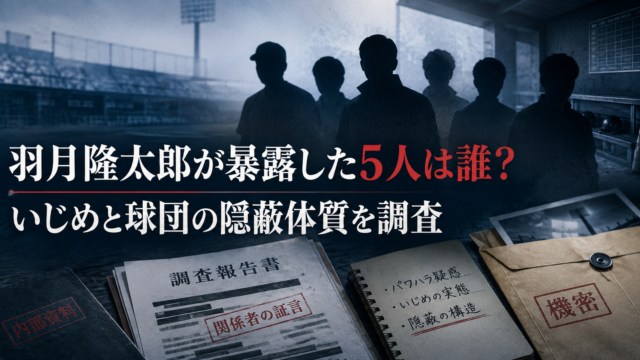 羽月隆太郎の暴露疑惑をテーマに、野球場を背景に5人のシルエットと調査資料を配置したブログ用アイキャッチ画像。