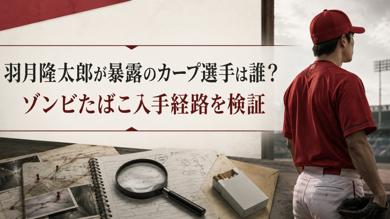 羽月隆太郎が暴露したカープ選手とゾンビたばこの入手経路を検証する記事のアイキャッチ画像。赤いユニフォームの野球選手の後ろ姿と、調査資料・虫眼鏡・たばこの箱が描かれている。